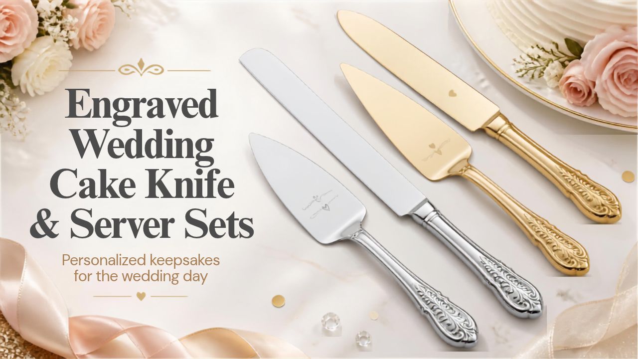 Personalized engraved wedding cake knife and server set displayed for a wedding celebration
