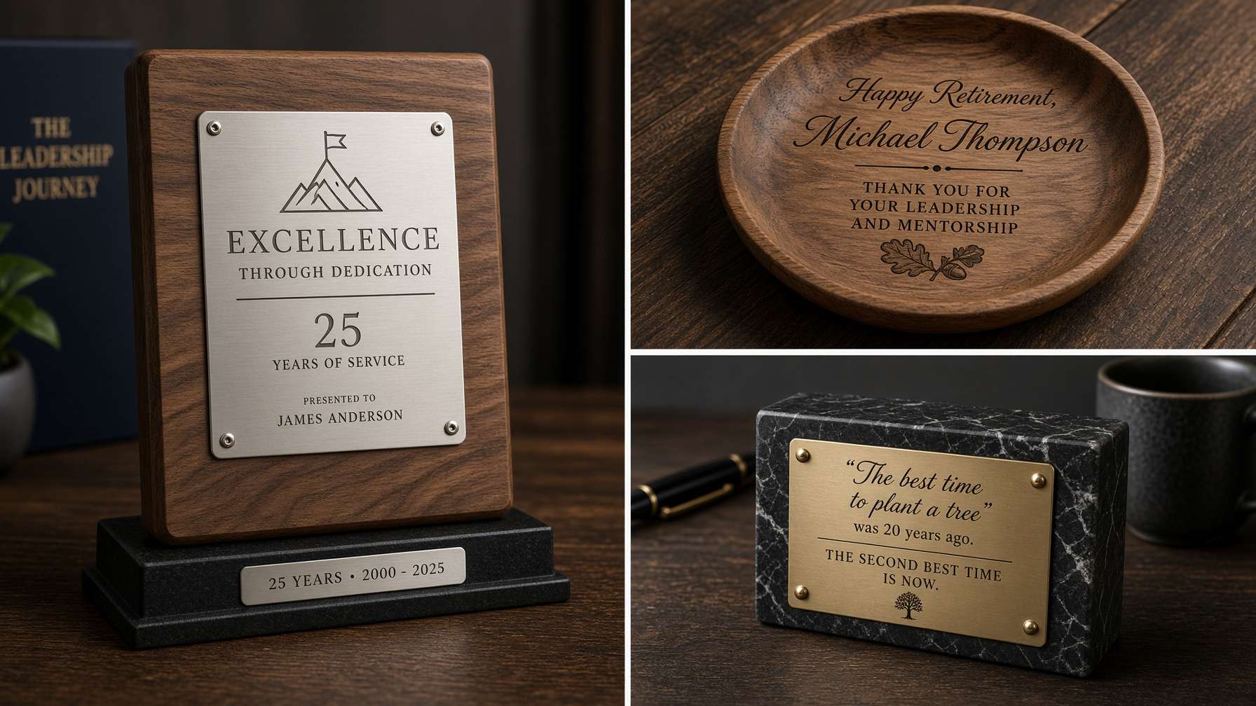 Examples of personalized employee recognition awards engraved with names, achievements, and milestones.