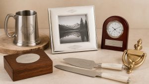 Engraved gift ideas including a photo frame, tankard, jewelry box, wedding server set, clock award and keychain