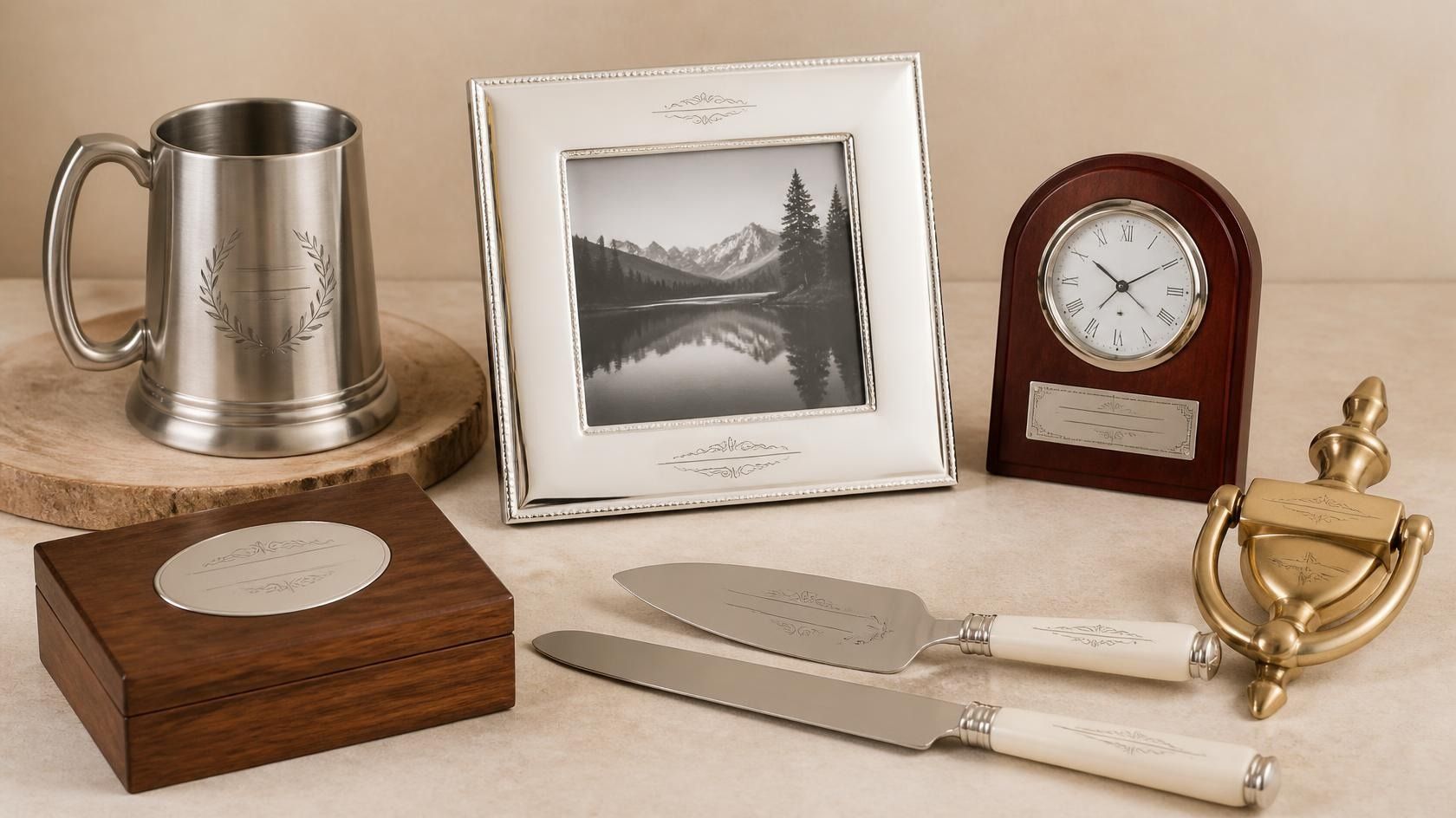 Engraved gift ideas including a photo frame, tankard, jewelry box, wedding server set, clock award and keychain