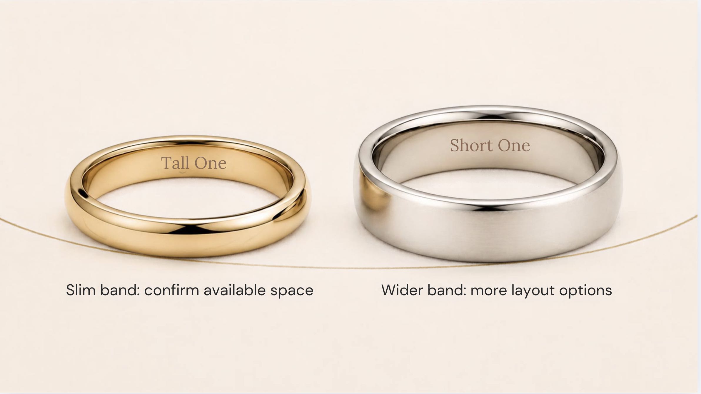 Pair of wedding bands side by side, each engraved with part of a shared message