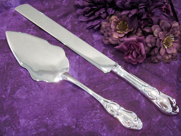 Engraved silver wedding cake knife and server set