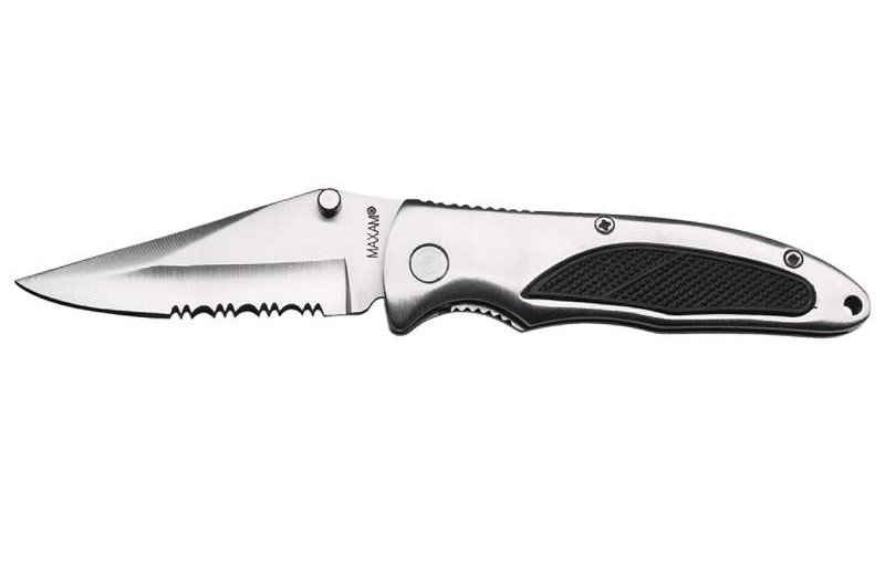 Engraved Maxam liner lock knife with aluminum handle and rubber inlay