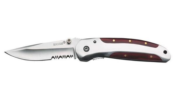 Engraved Maxam Liner Lock Knife with Wood Inlay