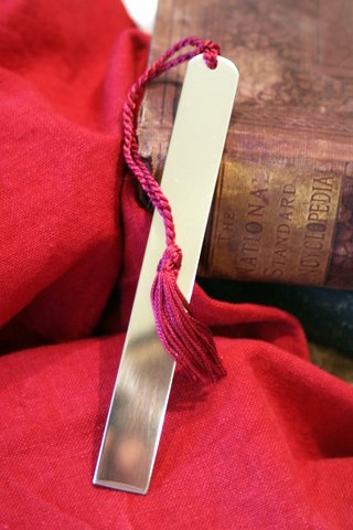 Engraved pewter bookmark with burgundy tassel