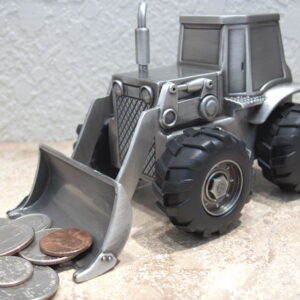 pewter front loader tractor bank that is engravable and picking up coins