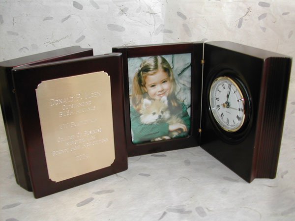 Engraved rosewood employee recognition clock award with photo frame