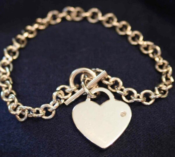 engravable Sterling silver diamond heart tag bracelet